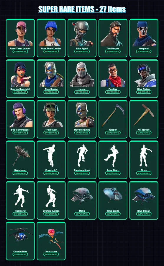 [PC/XBOX] | Rose Team Leader | Blue Team Leader | Elite Agent | The Reaper | Warpaint | 82 skin | 103 pickaxe | 77 emote | 106 glider | Lv1446