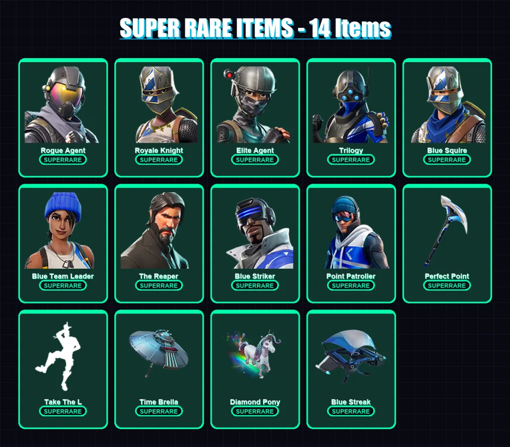 [PC/XBOX/PSN] | Rogue Agent | Royale Knight | Elite Agent | Trilogy | Blue Squire | 41 skin | 75 pickaxe | 54 emote | 61 glider | Lv1111