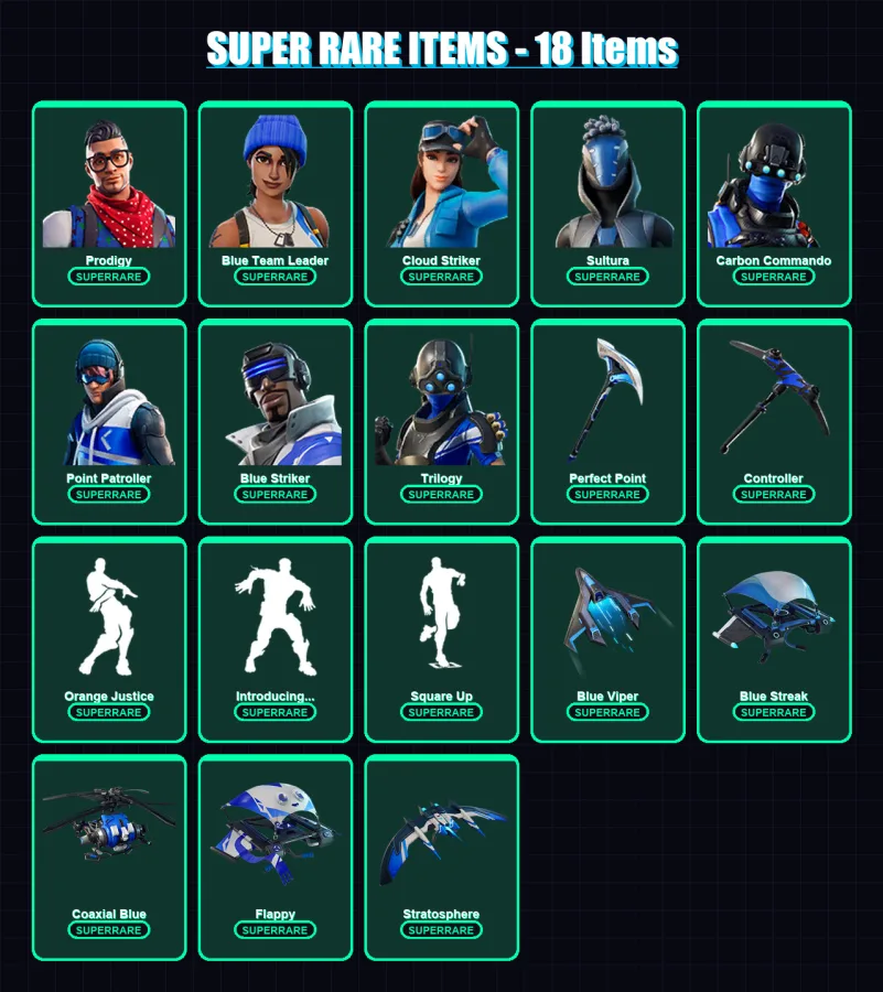 [PC] | Prodigy | Blue Team Leader | Cloud Striker | Sultura | Carbon Commando | 39 skin | 47 pickaxe | 61 emote | 49 glider | Lv751