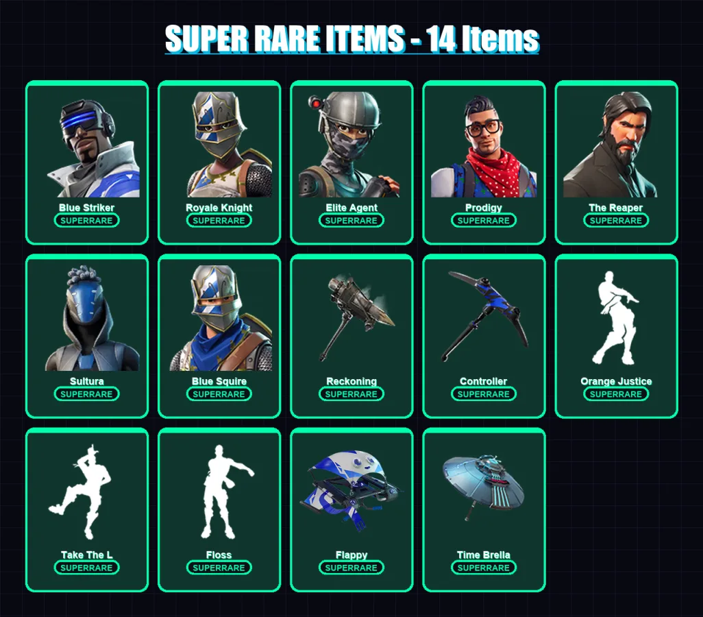 [PS4/PS5/XBOX/PC] | Blue Striker | Royale Knight | Elite Agent | Prodigy | The Reaper | 82 skin | 85 pickaxe | 79 emote | 95 glider | Lv1434
