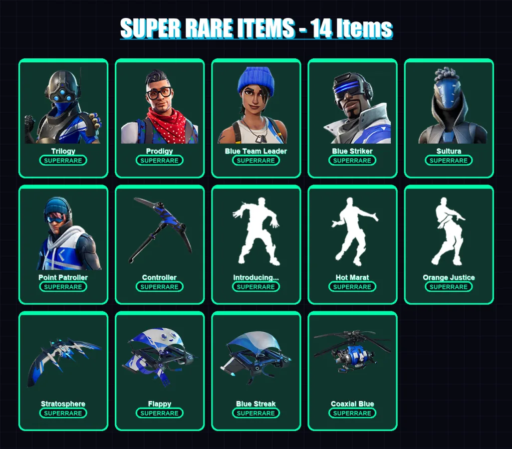 [PS4/PS5/XBOX/PC] | Trilogy | Prodigy | Blue Team Leader | Blue Striker | Sultura | 27 skin | 23 pickaxe | 21 emote | 21 glider | Lv175