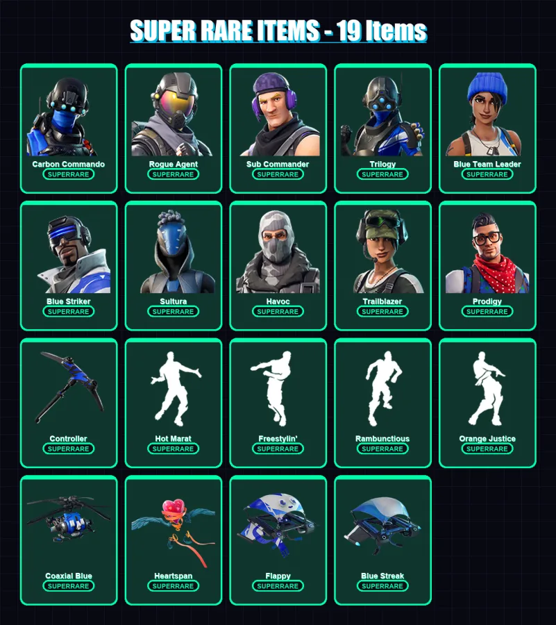 [PS4/PS5/XBOX/PC] | Carbon Commando | Rogue Agent | Sub Commander | Trilogy | Blue Team Leader | 36 skin | 32 pickaxe | 46 emote | 35 glider | Lv556