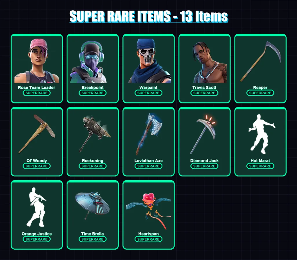 [PC/PSN] | Rose Team Leader | Breakpoint | Warpaint | Travis Scott | Fade | 331 skin | 316 pickaxe | 216 emote | 190 glider | Lv2683