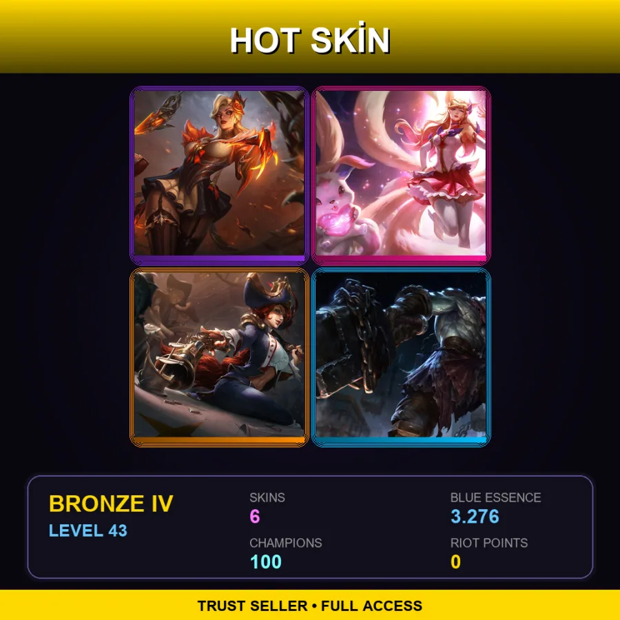 EUNE | High Noon Evelynn | Star Guardian Ahri | Waterloo Miss Fortune | Nightmare Tryndamere | 6 Skin | 100 Champ | Bronze IV | Lv43