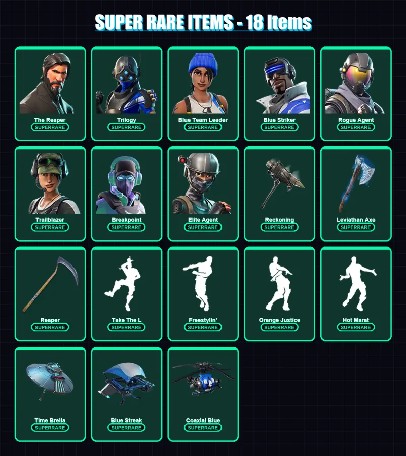 [PS4/PS5/XBOX/PC] | The Reaper | Trilogy | Blue Team Leader | Blue Striker | Rogue Agent | 182 skin | 154 pickaxe | 119 emote | 120 glider | Lv2137