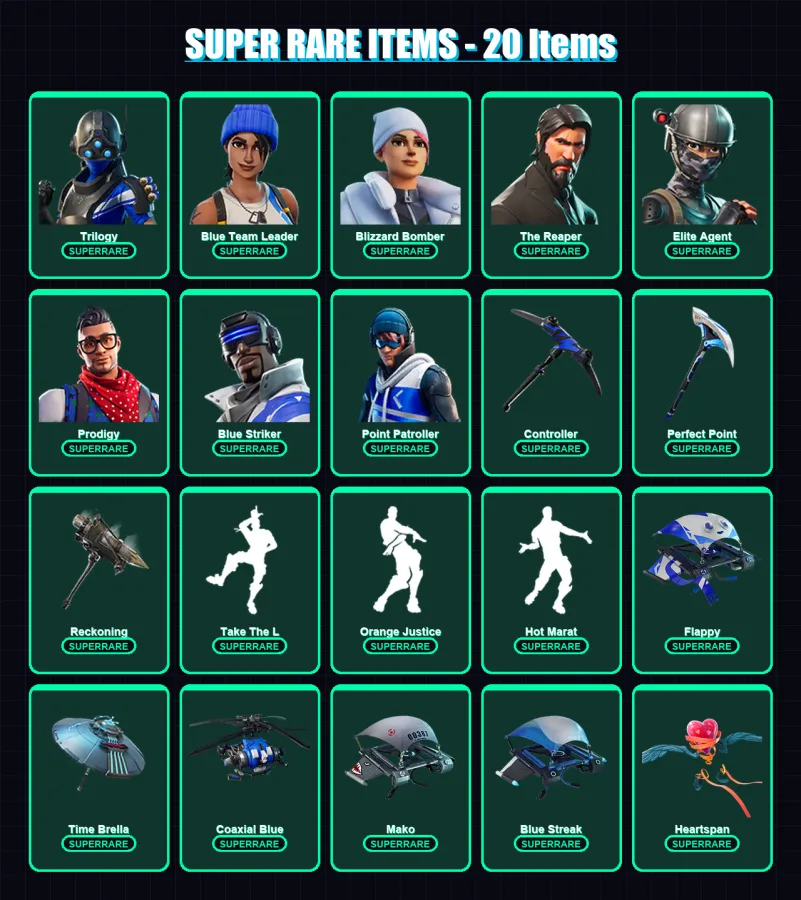 [PS4/PS5/XBOX/PC] | Trilogy | Blue Team Leader | Blizzard Bomber | The Reaper | Elite Agent | 105 skin | 102 pickaxe | 102 emote | 114 glider | Lv15