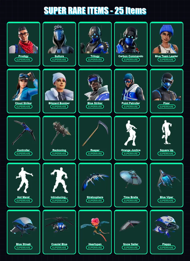 [PS4/PS5/PC] | Prodigy | Sultura | Trilogy | Carbon Commando | Blue Team Leader | 64 skin | 80 pickaxe | 68 emote | 75 glider | Lv961