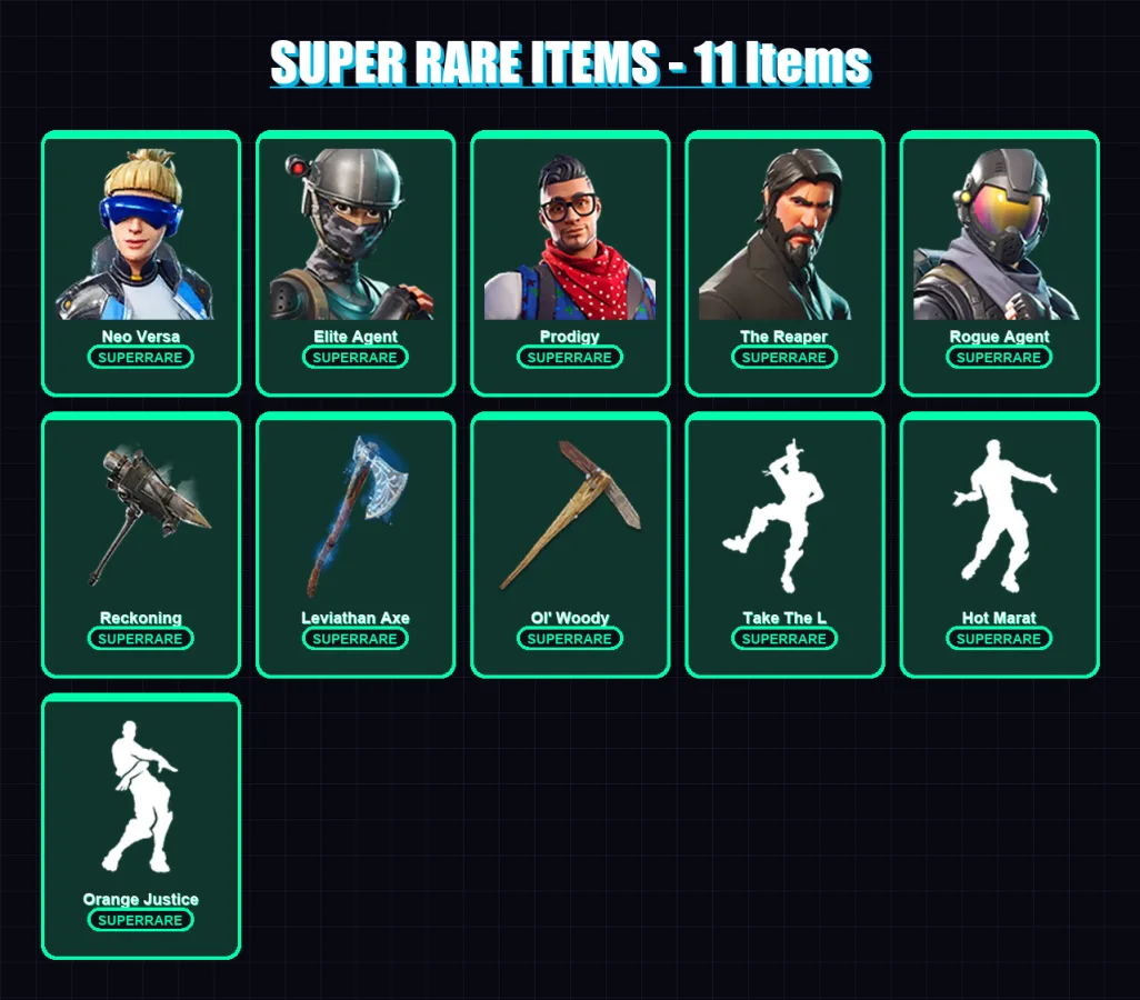 [PC/XBOX] | Neo Versa | Elite Agent | Prodigy | The Reaper | Rogue Agent | 144 skin | 215 pickaxe | 132 emote | 175 glider | Lv2949
