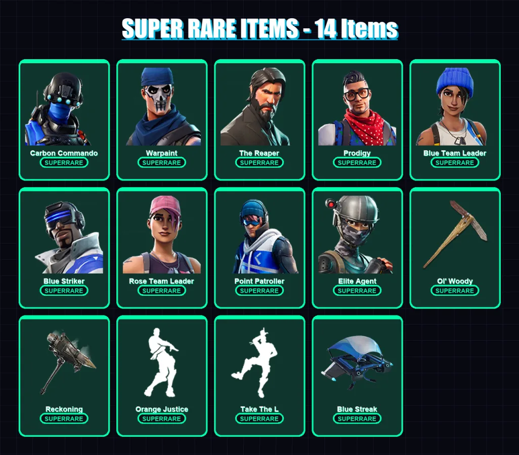 [PS4/PS5/XBOX/PC] | Carbon Commando | Warpaint | The Reaper | Prodigy | Blue Team Leader | 42 skin | 24 pickaxe | 51 emote | 33 glider | Lv387