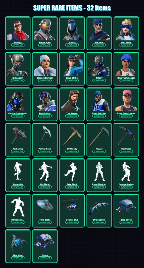 [PS4/PS5/XBOX/PC] | Prodigy | Rogue Agent | Sultura | Warpaint | Neo Versa | 204 skin | 161 pickaxe | 148 emote | 154 glider | Lv2048