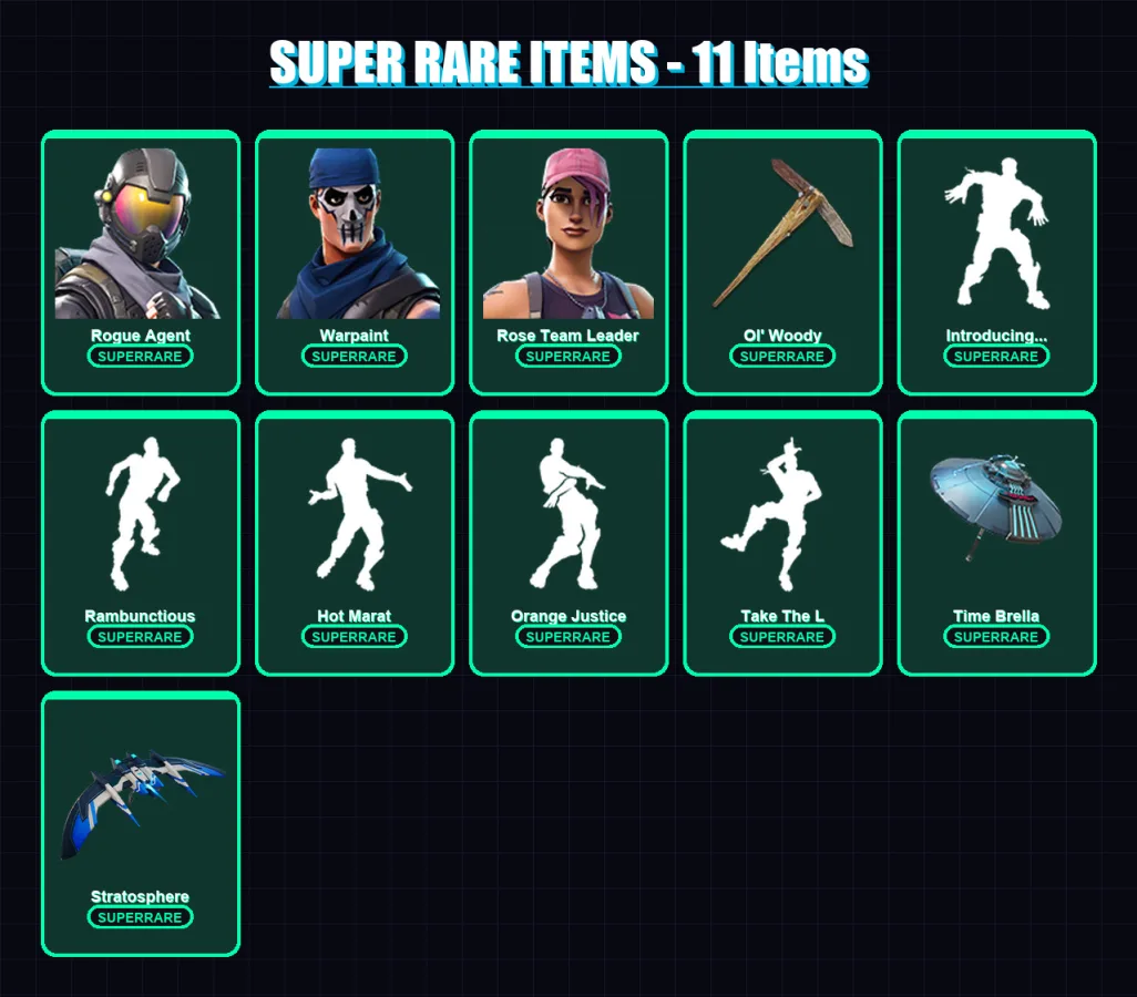 [PS4/PS5/XBOX/PC] | Rogue Agent | Warpaint | Rose Team Leader | Blackheart | Eternal Knight | 108 skin | 119 pickaxe | 113 emote | 115 glider | Lv14 — Fortnite account