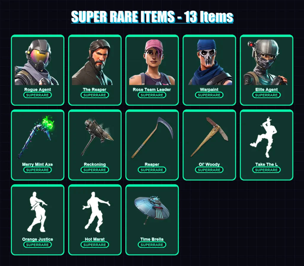 [PC/XBOX/PSN] | Rogue Agent | The Reaper | Rose Team Leader | Warpaint | Elite Agent | 197 skin | 200 pickaxe | 176 emote | 166 glider | Lv2977