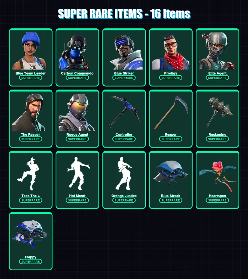 [PC] | Blue Team Leader | Carbon Commando | Blue Striker | Prodigy | Elite Agent | 120 skin | 96 pickaxe | 122 emote | 80 glider | Lv1026