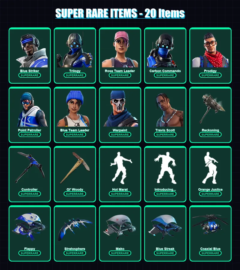 [PC/XBOX] | Blue Striker | Trilogy | Rose Team Leader | Carbon Commando | Prodigy | 120 skin | 109 pickaxe | 115 emote | 113 glider | Lv1500 — Fortnite account
