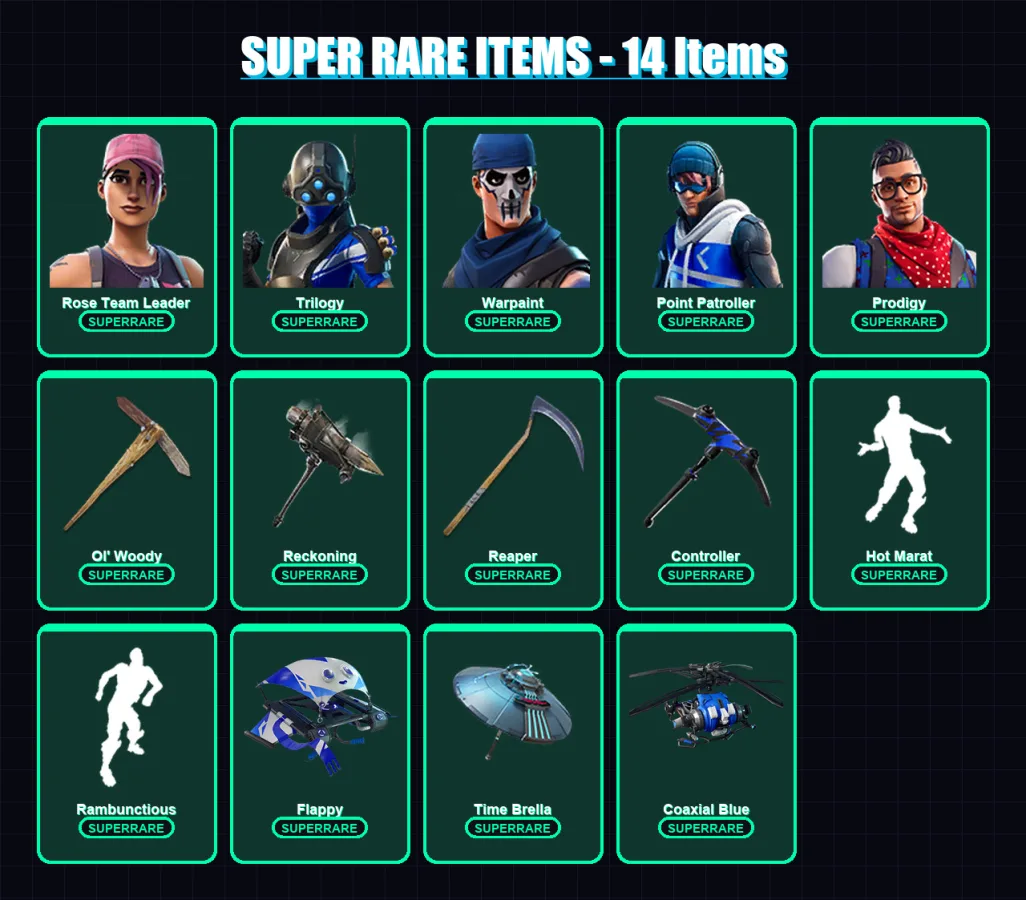 [PC] | Rose Team Leader | Trilogy | Warpaint | Point Patroller | Prodigy | 100 skin | 158 pickaxe | 155 emote | 142 glider | Lv2756 — Fortnite account