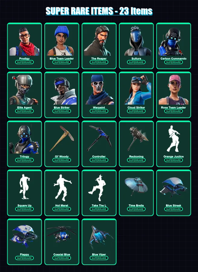 [PS4/PS5/XBOX/PC] | Prodigy | Blue Team Leader | The Reaper | Sultura | Carbon Commando | 124 skin | 145 pickaxe | 124 emote | 135 glider | Lv1608