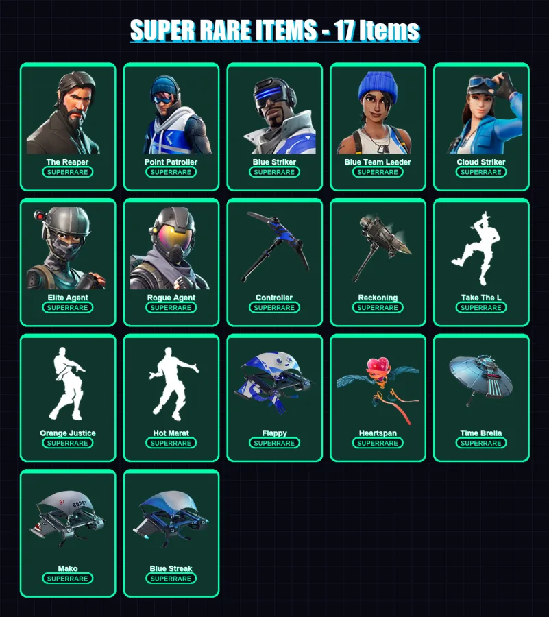 [PC/XBOX] | The Reaper | Point Patroller | Blue Striker | Blue Team Leader | Cloud Striker | 105 skin | 95 pickaxe | 100 emote | 107 glider | Lv1355