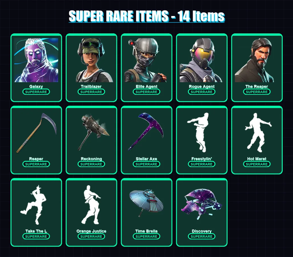 [PS4/PS5/PC] | Galaxy | Trailblazer | Elite Agent | Rogue Agent | The Reaper | 65 skin | 74 pickaxe | 58 emote | 65 glider | Lv1146
