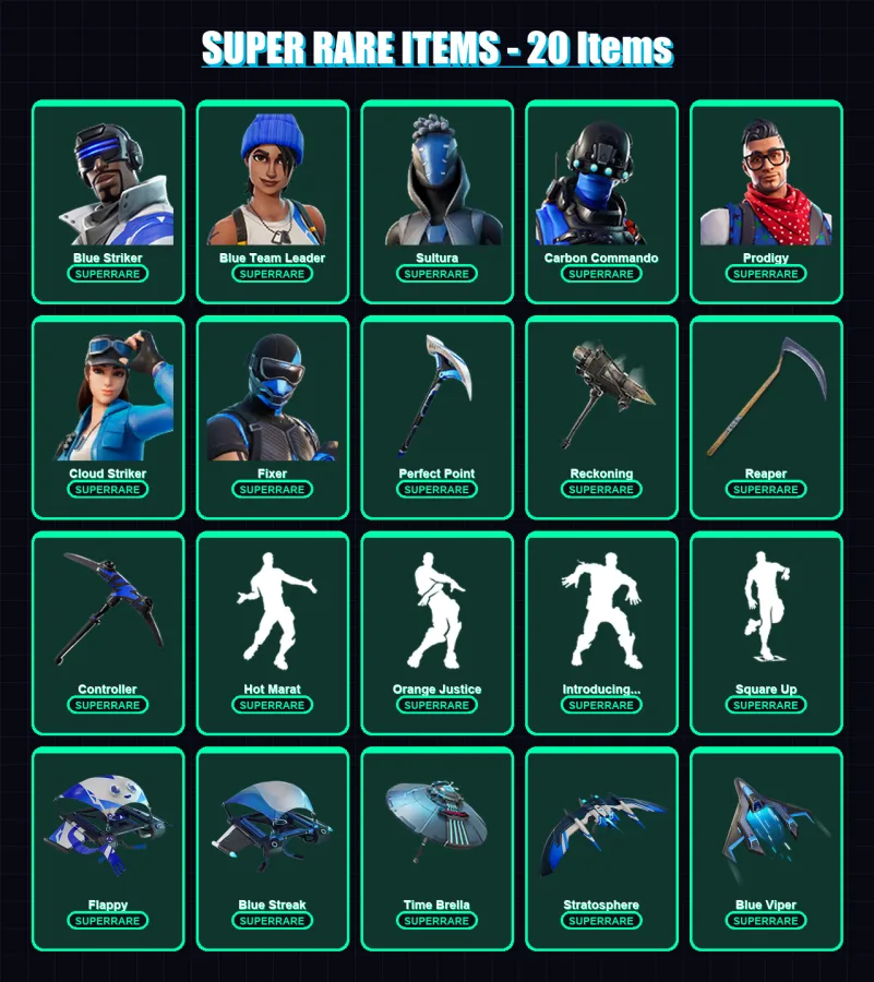 [PC/XBOX/PSN] | Blue Striker | Blue Team Leader | Sultura | Carbon Commando | Prodigy | 142 skin | 180 pickaxe | 141 emote | 170 glider | Lv2539