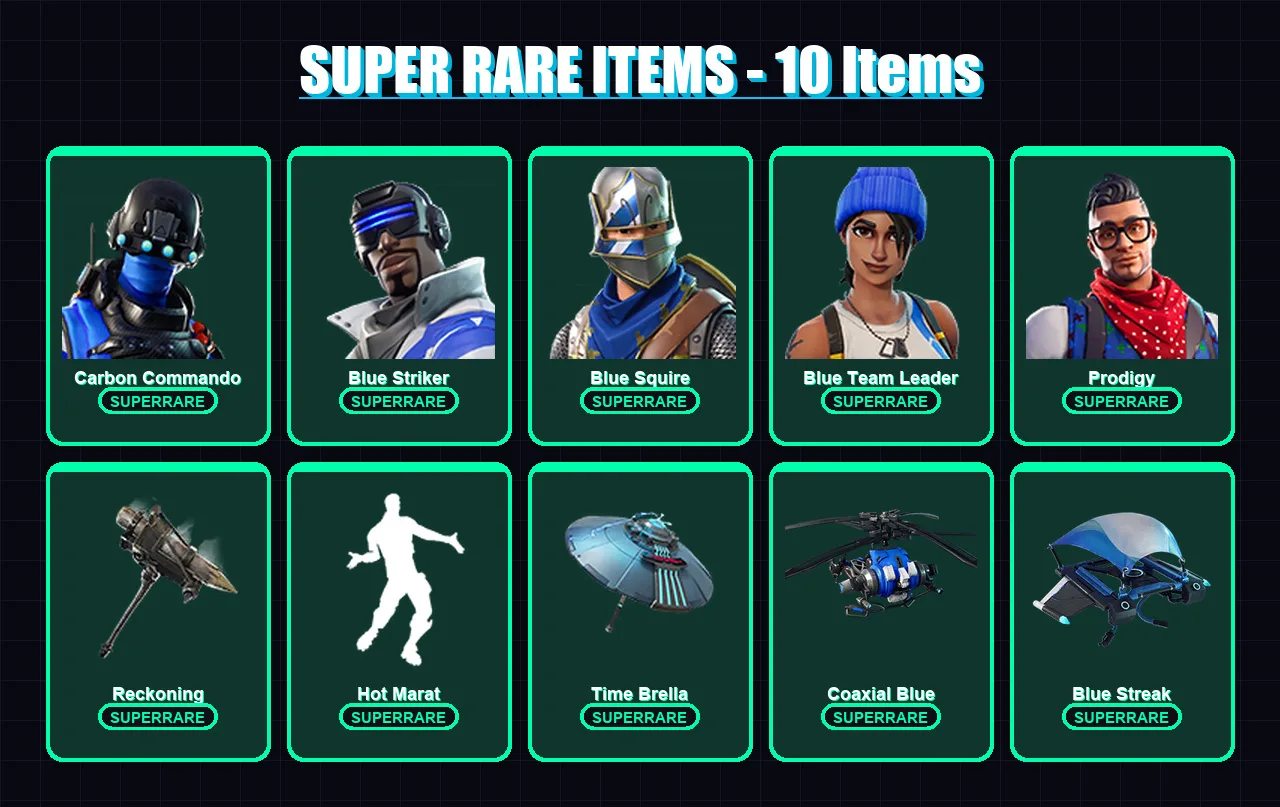 [PS4/PS5/XBOX/PC] | Carbon Commando | Blue Striker | Blue Squire | Blue Team Leader | Prodigy | 82 skin | 66 pickaxe | 68 emote | 64 glider | Lv759