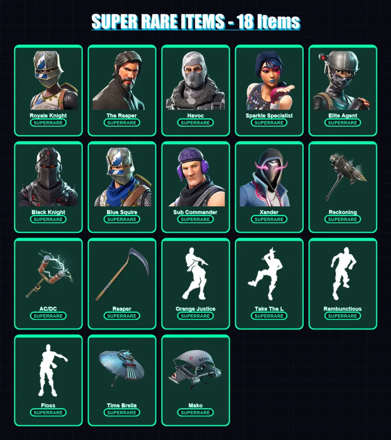 [PC] | Royale Knight | The Reaper | Havoc | Sparkle Specialist | Elite Agent | 152 skin | 163 pickaxe | 146 emote | 170 glider | Lv2814