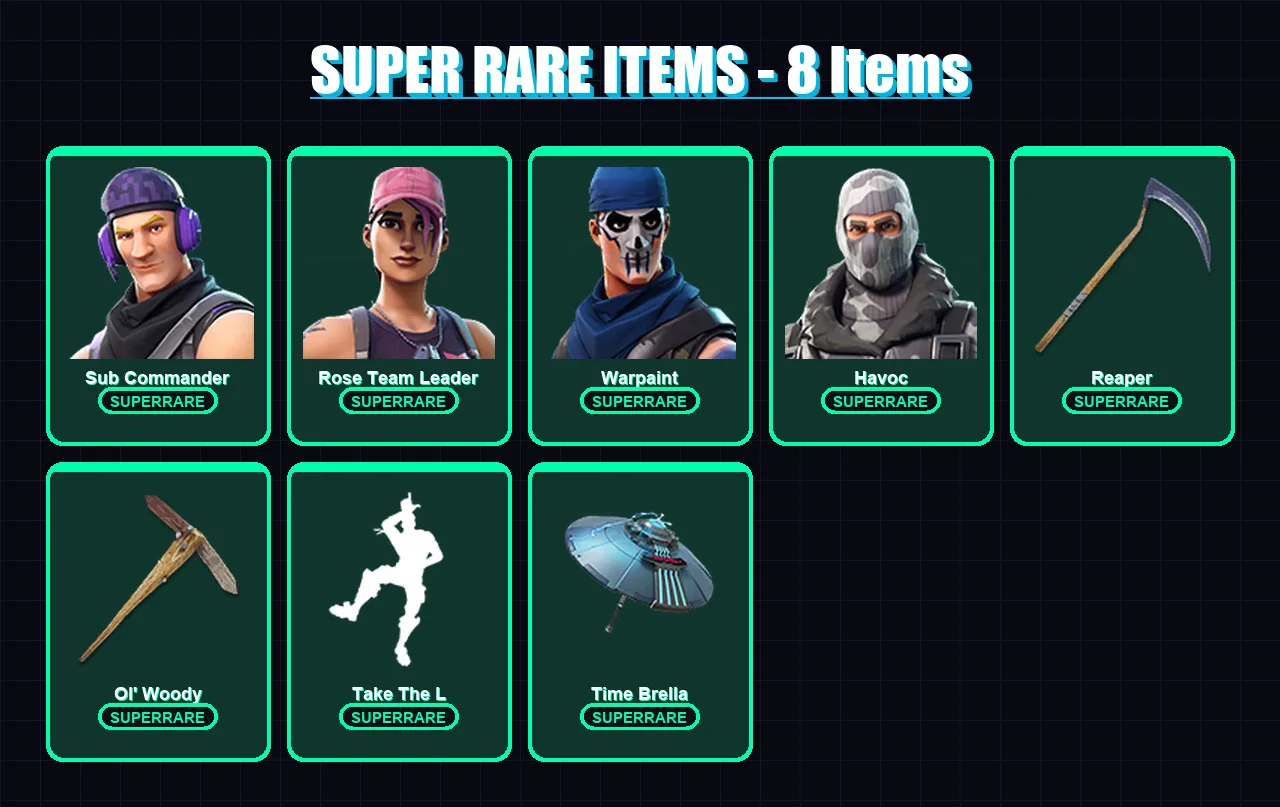 [PC/XBOX/PSN] | Sub Commander | Rose Team Leader | Warpaint | Havoc | Enforcer | 56 skin | 57 pickaxe | 56 emote | 57 glider | Lv586
