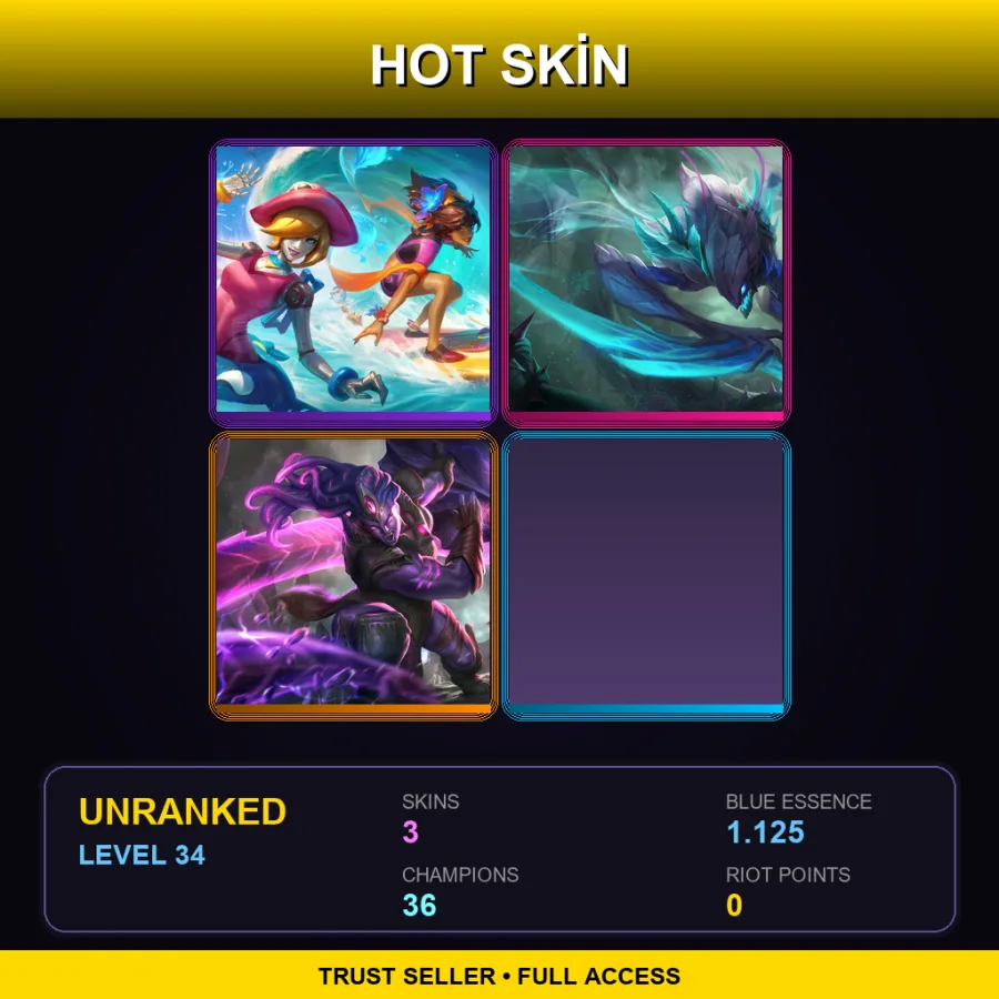 EUW | Lv34 | Unranked | 3 Skin | 36 Champ — LoL account