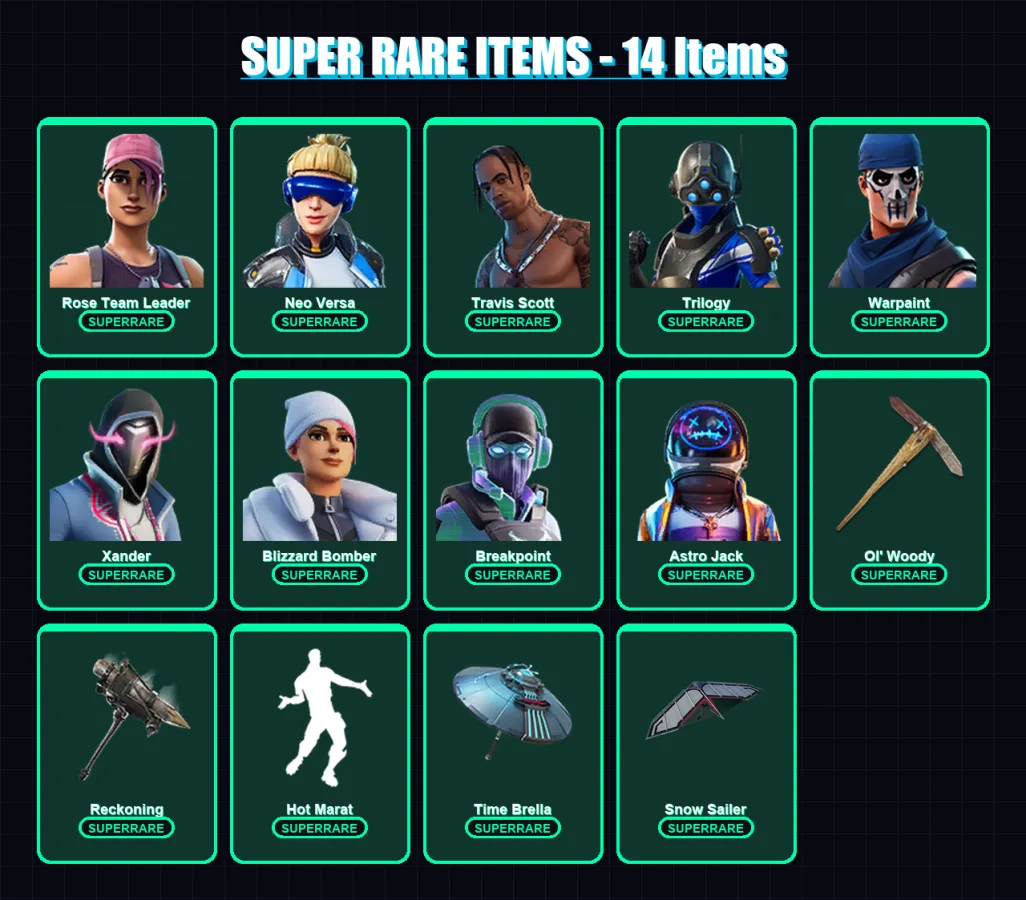 [PS4/PS5/XBOX/PC] | Rose Team Leader | Neo Versa | Travis Scott | Trilogy | Warpaint | 316 skin | 356 pickaxe | 278 emote | 269 glider | Lv4087