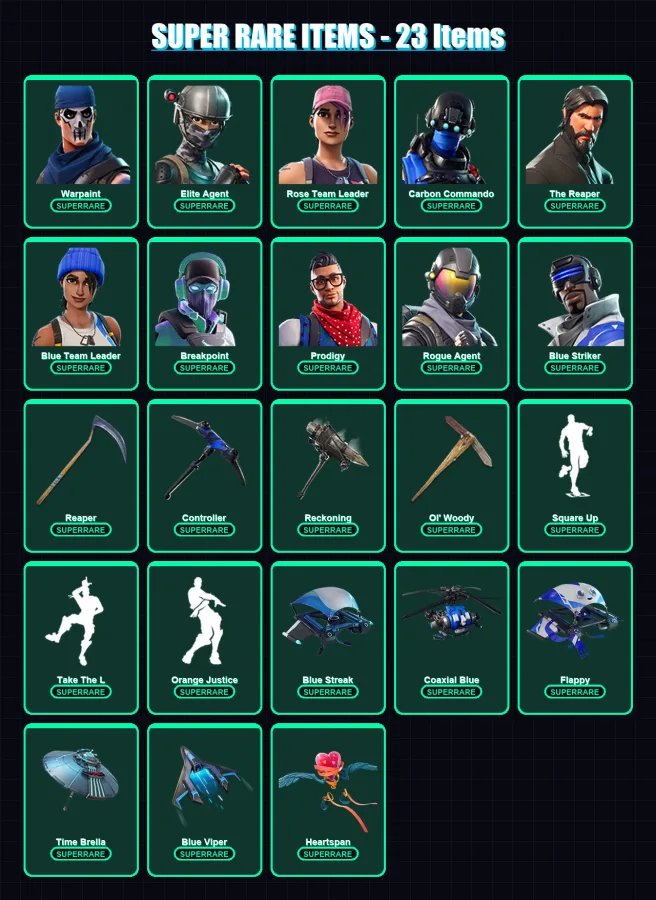 [PS4/PS5/XBOX/PC] | Warpaint | Elite Agent | Rose Team Leader | Carbon Commando | The Reaper | 112 skin | 98 pickaxe | 114 emote | 99 glider | Lv127