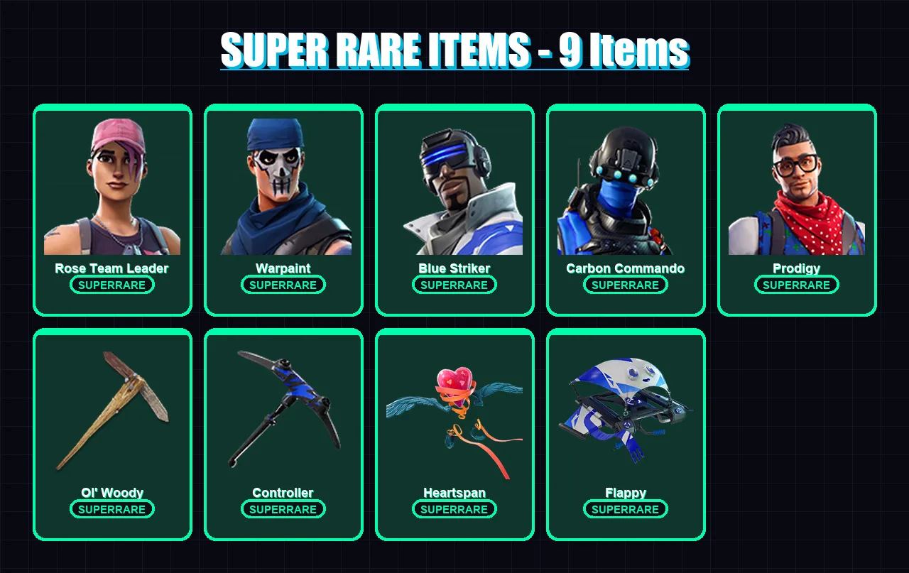 [PS4/PS5/XBOX/PC] | Rose Team Leader | Warpaint | Blue Striker | Carbon Commando | Prodigy | 29 skin | 36 pickaxe | 35 emote | 50 glider | Lv598