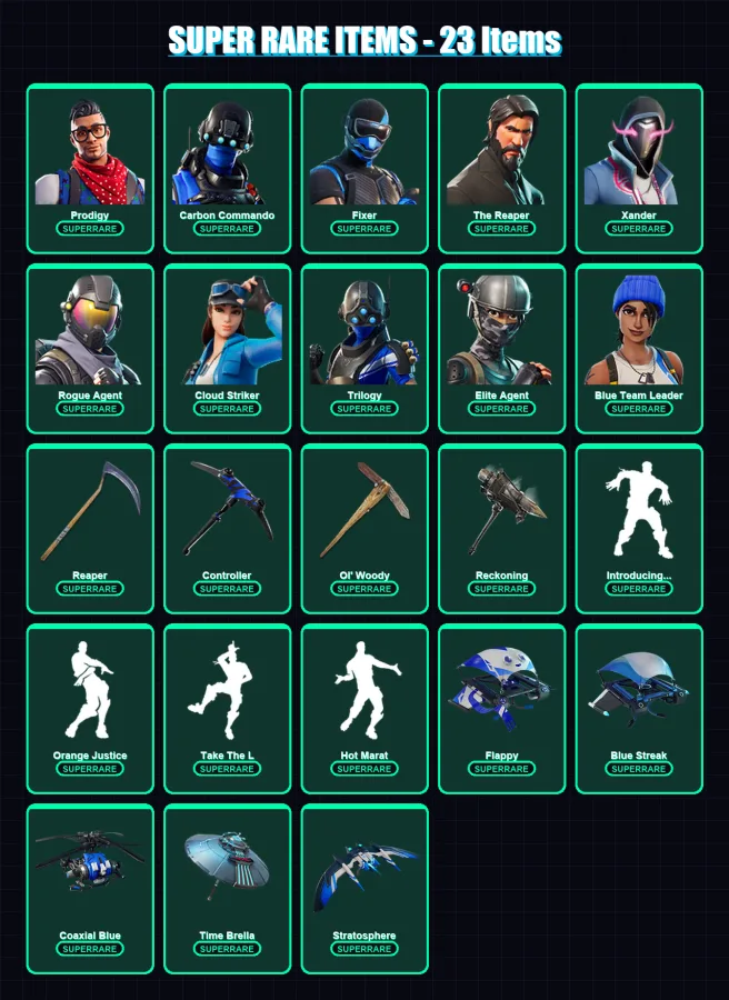 [PC] | Prodigy | Carbon Commando | Fixer | The Reaper | Xander | 172 skin | 147 pickaxe | 130 emote | 128 glider | Lv1707
