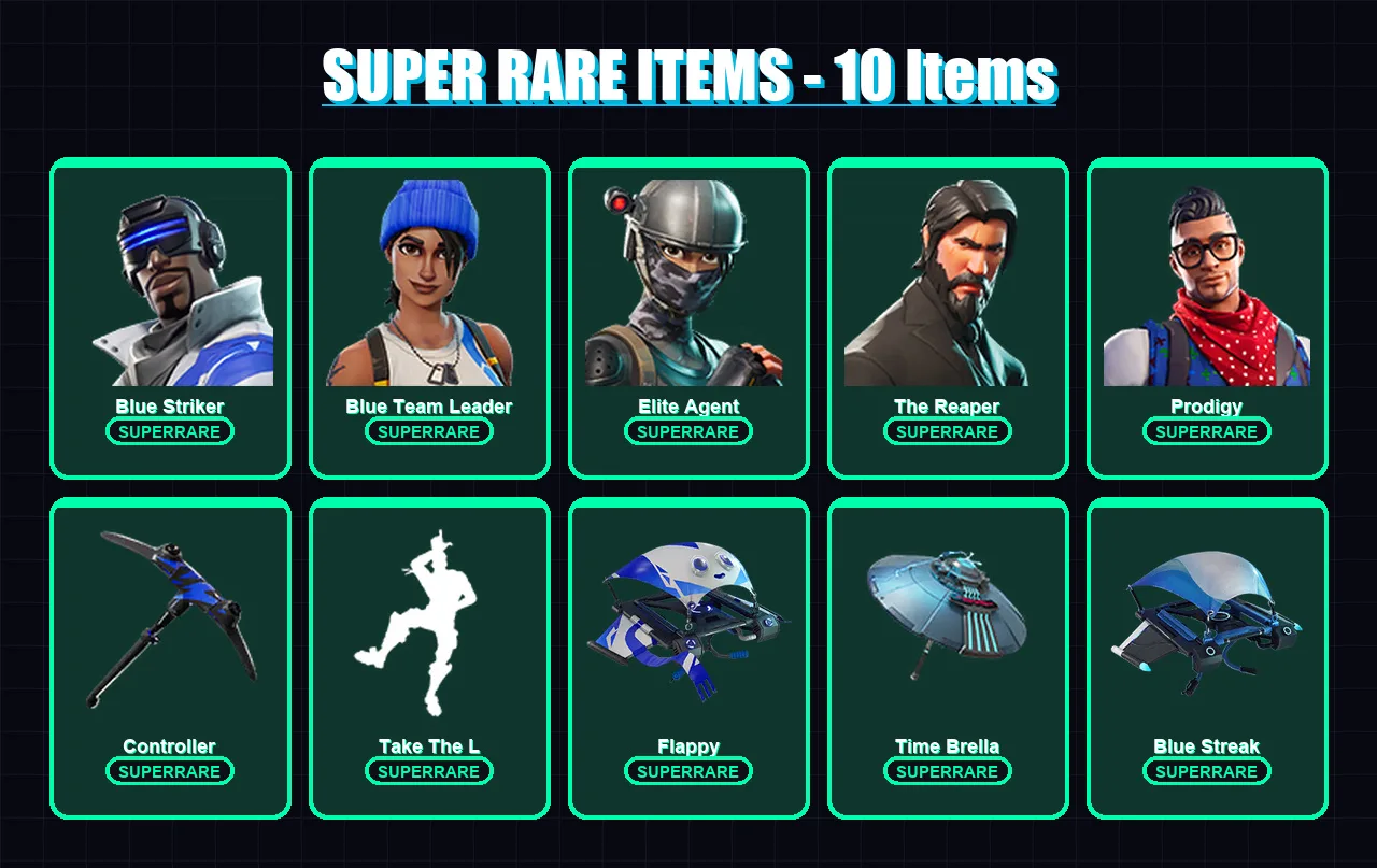[PC/XBOX] | Blue Striker | Blue Team Leader | Elite Agent | The Reaper | Prodigy | 55 skin | 64 pickaxe | 67 emote | 64 glider | Lv1402
