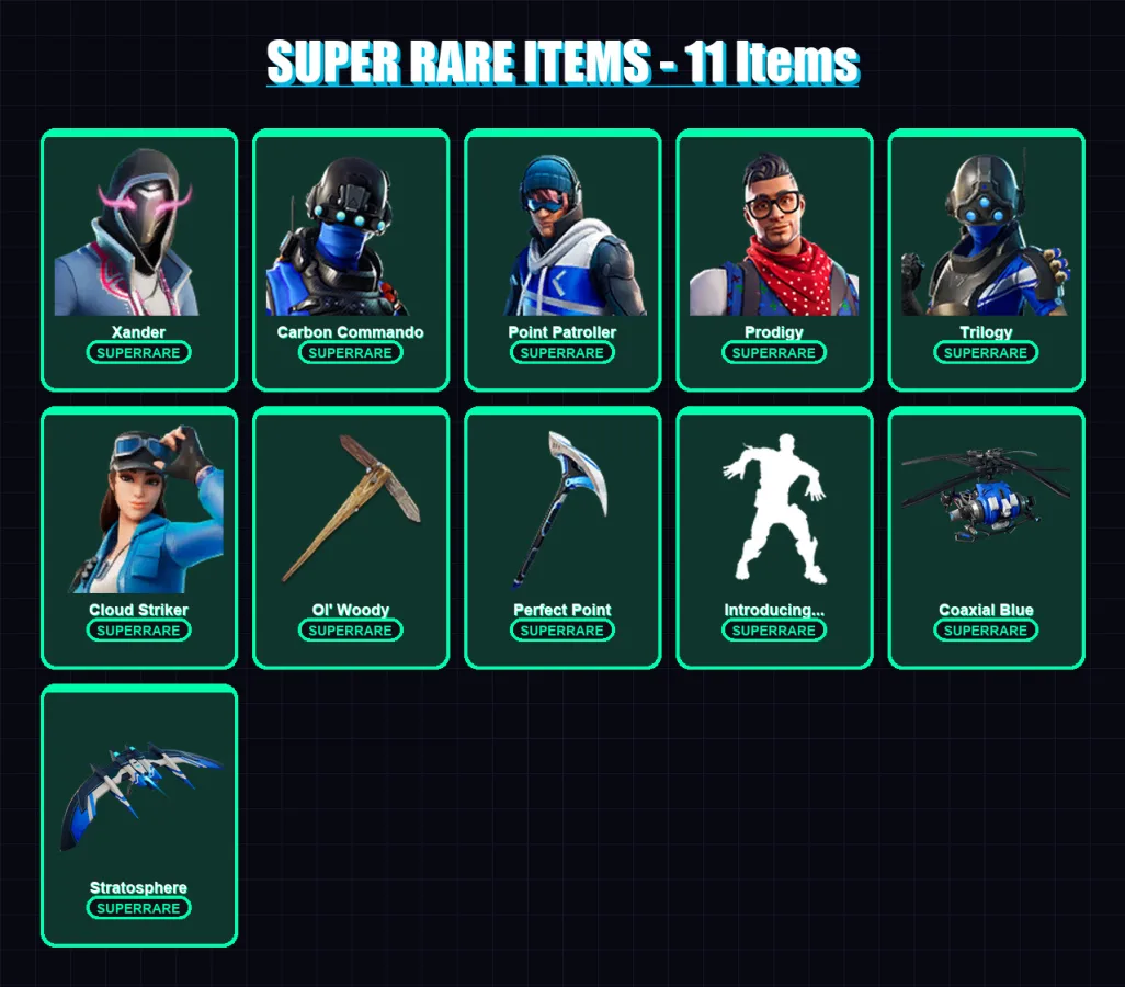 [PS4/PS5/XBOX/PC] | Xander | Carbon Commando | Point Patroller | Prodigy | Trilogy | 286 skin | 305 pickaxe | 280 emote | 188 glider | Lv2199