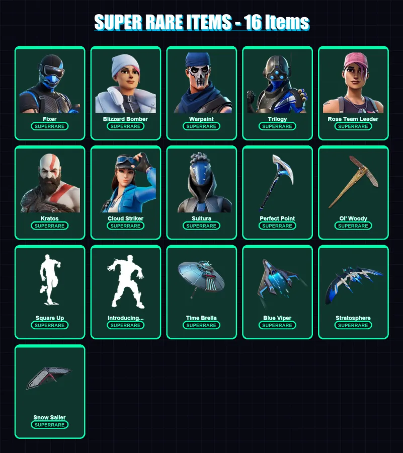[PS4/PS5/XBOX/PC] | Fixer | Blizzard Bomber | Warpaint | Trilogy | Rose Team Leader | 215 skin | 265 pickaxe | 198 emote | 202 glider | Lv2991