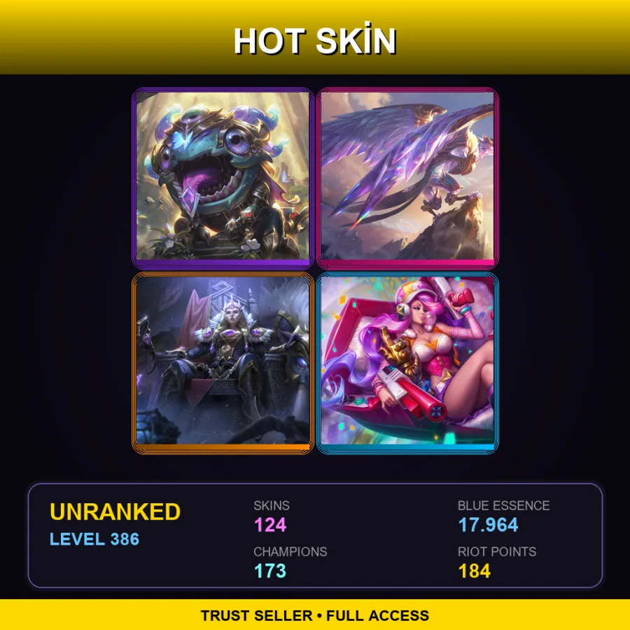 EUW | Lv386 | Unranked | 124 Skin | 173 Champ — LoL account