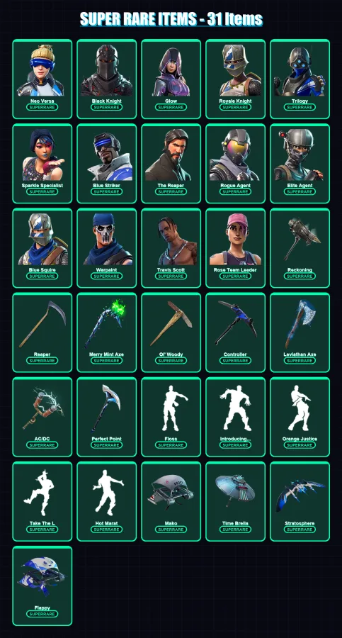 [PC/XBOX] | Neo Versa | Black Knight | Glow | Royale Knight | Trilogy | 155 skin | 224 pickaxe | 150 emote | 173 glider | Lv3597