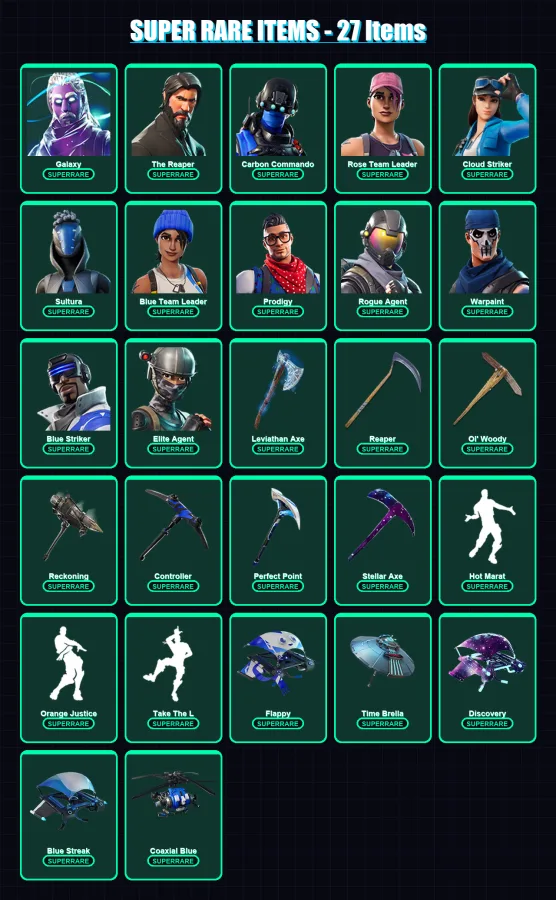 [PS4/PS5/PC] | Galaxy | The Reaper | Carbon Commando | Rose Team Leader | Cloud Striker | 103 skin | 98 pickaxe | 95 emote | 104 glider | Lv1470