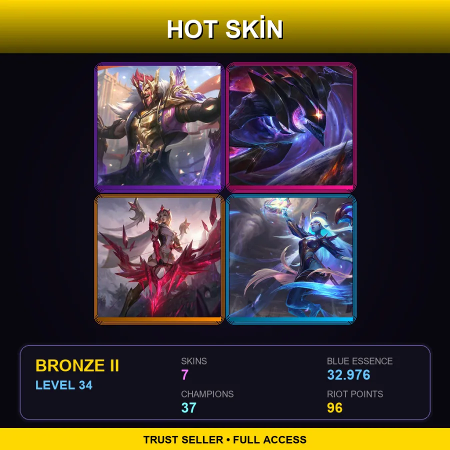 TW | Victorious Draven | Dark Star Kha'Zix | Crystalis Motus Ashe | Dawnbringer Soraka | 7 Skin | 37 Champ | Bronze II | Lv34