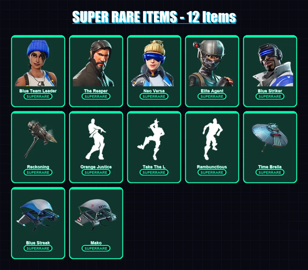 [PS4/PS5/XBOX/PC] | Blue Team Leader | The Reaper | Neo Versa | Elite Agent | Blue Striker | 39 skin | 21 pickaxe | 37 emote | 38 glider | Lv531 — Fortnite account