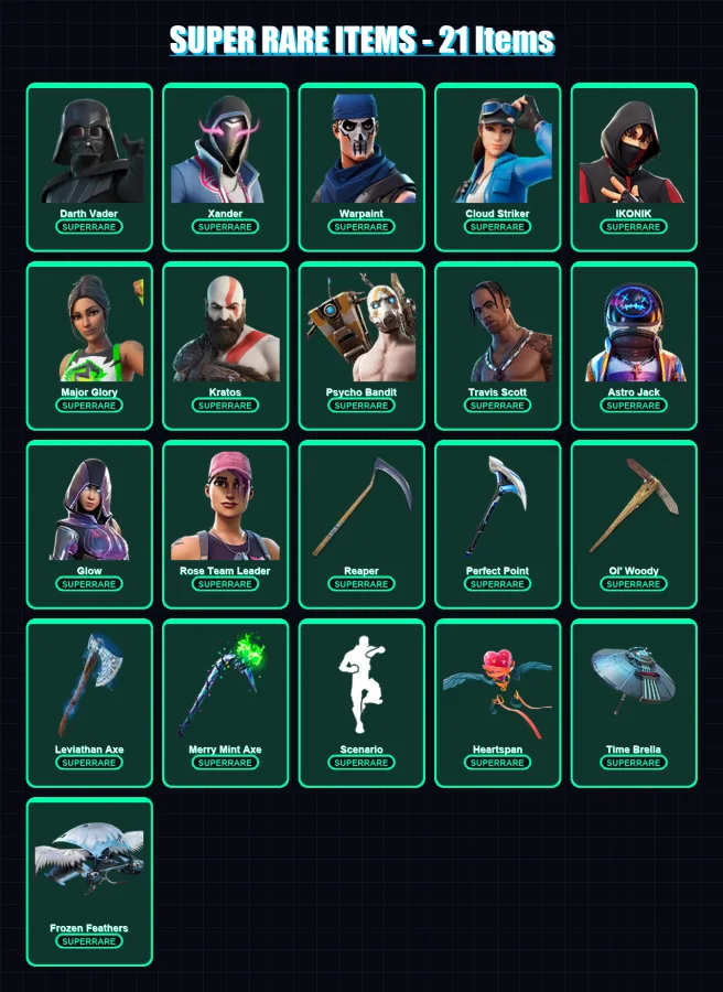 [PC] | Darth Vader | Xander | Warpaint | Cloud Striker | IKONIK | 355 skin | 298 pickaxe | 214 emote | 223 glider | Lv4014