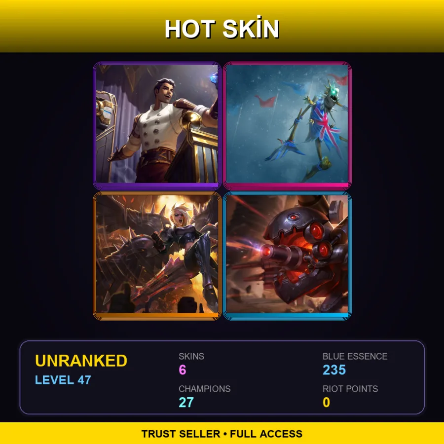 LAN | Arcane Inventor Jayce | Union Jack Fiddlesticks | Pentakill Kayle | Battlecast Kog'Maw | 6 Skin | 27 Champ | Lv47