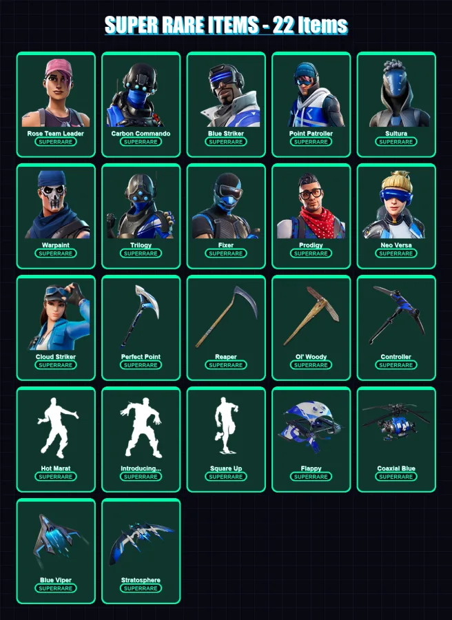 [PC] | Rose Team Leader | Carbon Commando | Blue Striker | Point Patroller | Sultura | 58 skin | 62 pickaxe | 60 emote | 54 glider | Lv657 — Fortnite account
