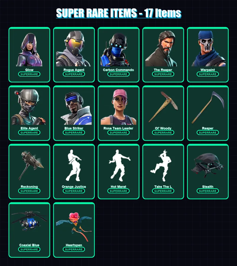 [PS4/PS5/XBOX/PC] | Glow | Rogue Agent | Carbon Commando | The Reaper | Warpaint | 95 skin | 88 pickaxe | 98 emote | 70 glider | Lv981