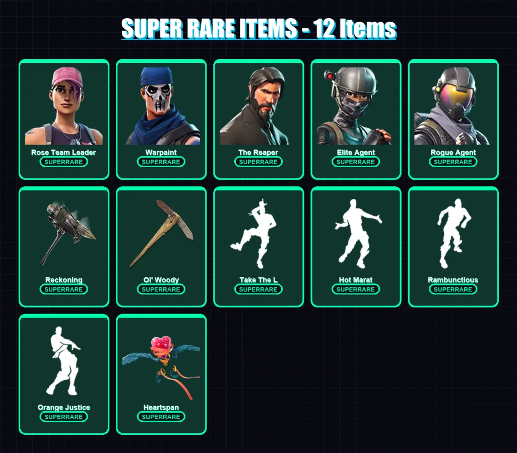 [PC/XBOX/PSN] | Rose Team Leader | Warpaint | The Reaper | Elite Agent | Rogue Agent | 48 skin | 26 pickaxe | 36 emote | 35 glider | Lv385
