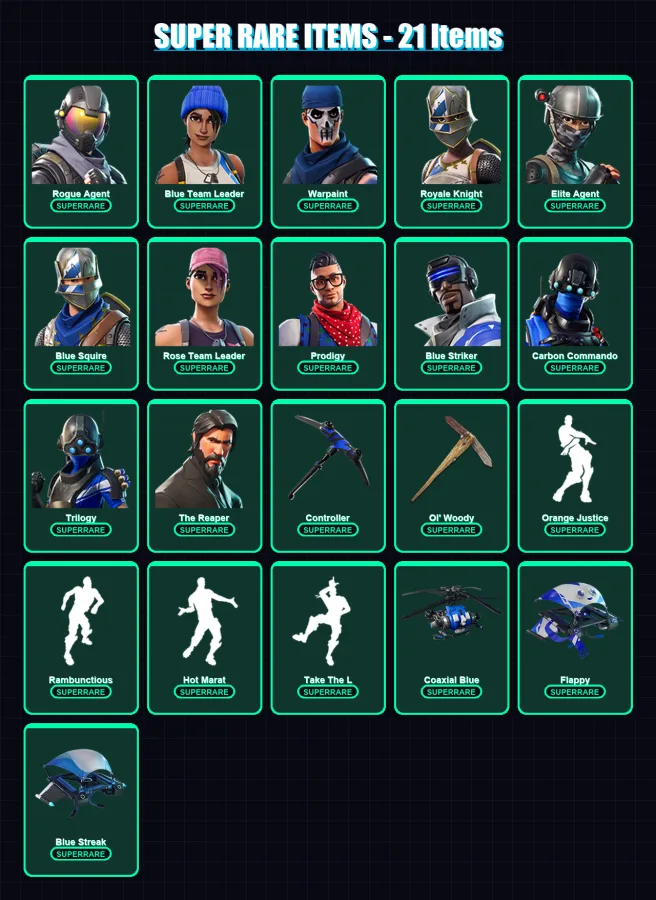 [PC/XBOX] | Rogue Agent | Blue Team Leader | Warpaint | Royale Knight | Elite Agent | 24 skin | 30 pickaxe | 49 emote | 35 glider | Lv518