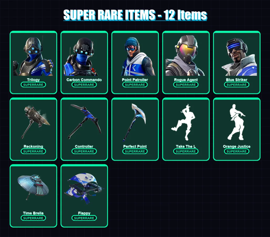 [PS4/PS5/XBOX/PC] | Trilogy | Carbon Commando | Point Patroller | Rogue Agent | Blue Striker | 68 skin | 61 pickaxe | 68 emote | 70 glider | Lv933