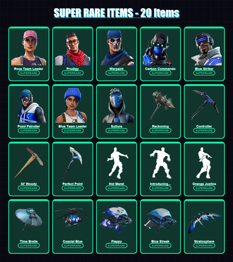 [PS4/PS5/XBOX/PC] | Rose Team Leader | Prodigy | Warpaint | Carbon Commando | Blue Striker | 39 skin | 56 pickaxe | 49 emote | 54 glider | Lv851