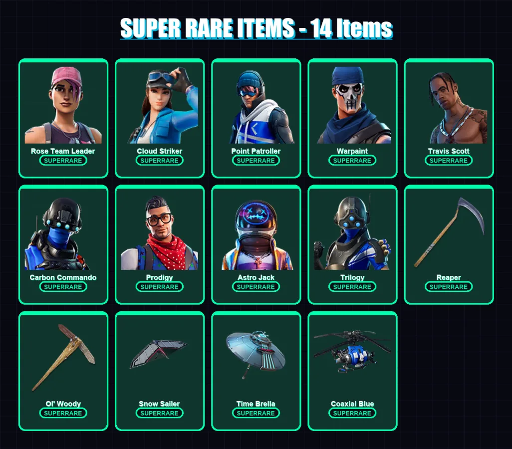 [PC/XBOX] | Rose Team Leader | Cloud Striker | Point Patroller | Warpaint | Travis Scott | 244 skin | 268 pickaxe | 255 emote | 203 glider | Lv3171