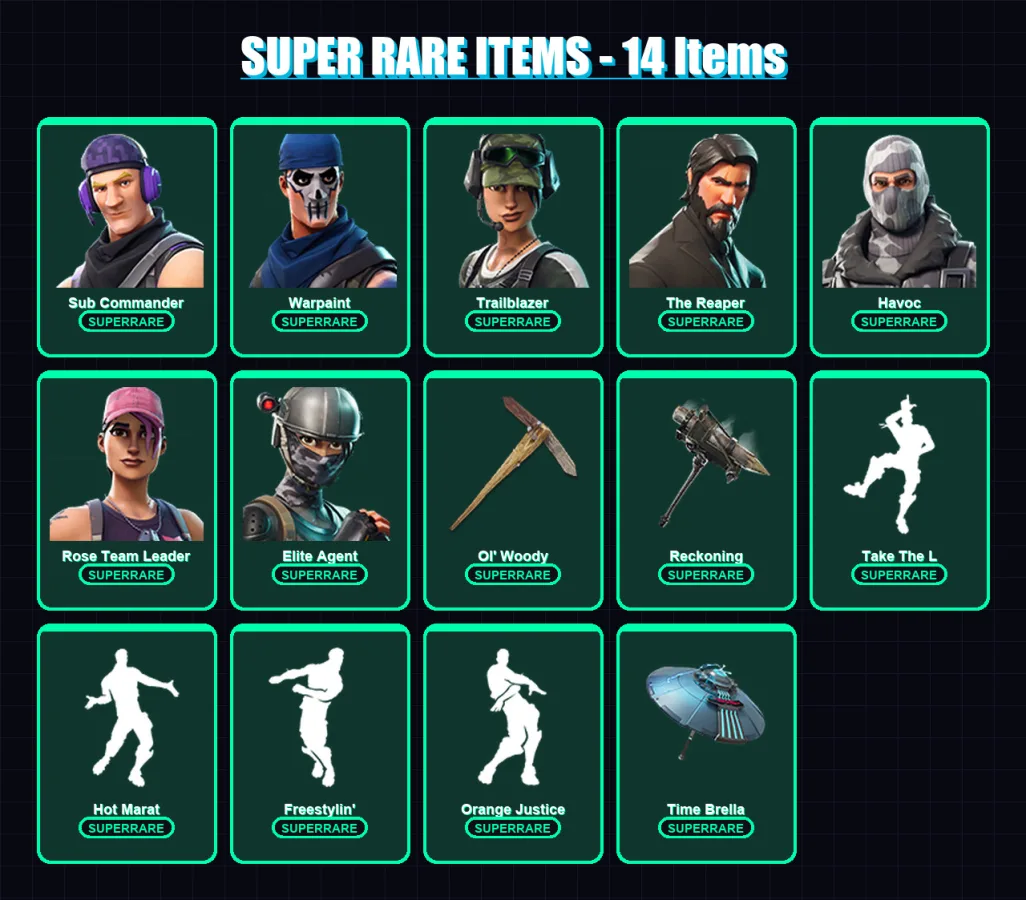 [PC/XBOX/PSN] | Sub Commander | Warpaint | Trailblazer | The Reaper | Havoc | 50 skin | 71 pickaxe | 88 emote | 78 glider | Lv1277