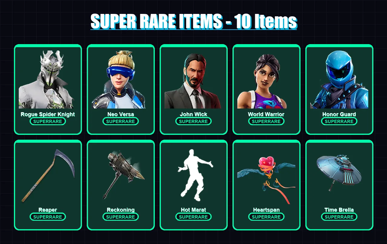 [PC] | Rogue Spider Knight | Neo Versa | John Wick | World Warrior | Honor Guard | 107 skin | 82 pickaxe | 102 emote | 88 glider | Lv1177